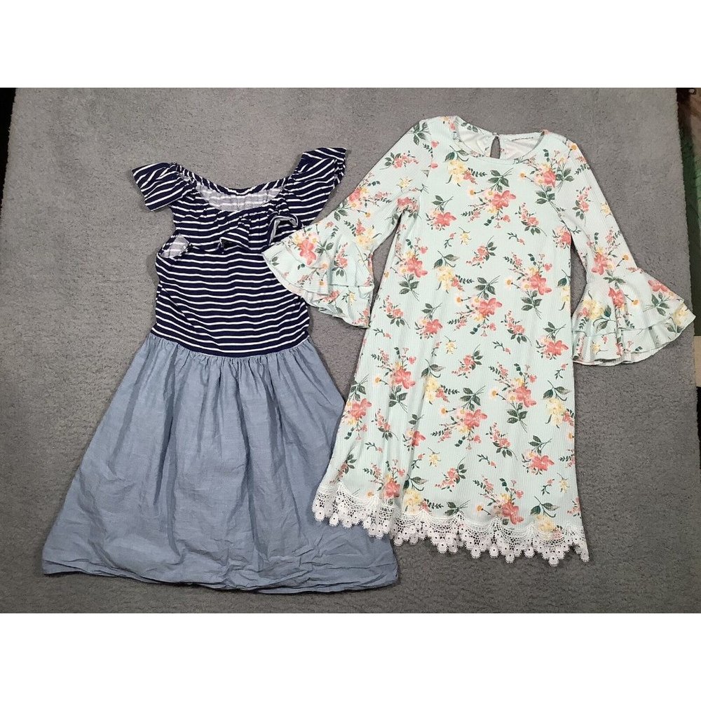 2‎ Girls Dresses Children's Place Blue Strip Ruffle Floral Bell Sleeve 10/12 L